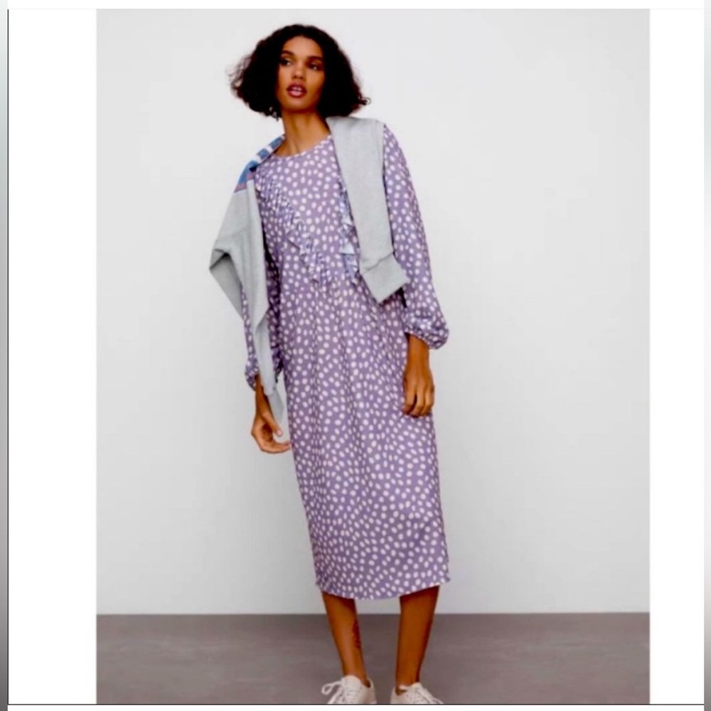 Zara Purple Polka Dot Ruffle Front‎ Midi Dress Womens size medium